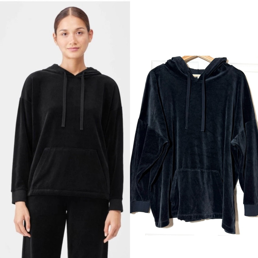 Eileen Fisher Cotton Velour Hooded Black Top Sweatshirt Hoodie XL Sz Winter Warm